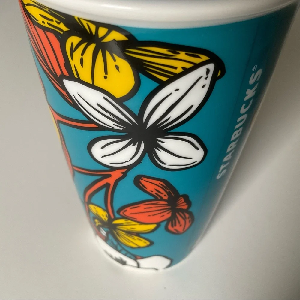 STARBUCKS Ceramic Traveler Coffee Mug Tumbler 12 oz incl Lid Teal FLORAL Design - Picture 6 of 11
